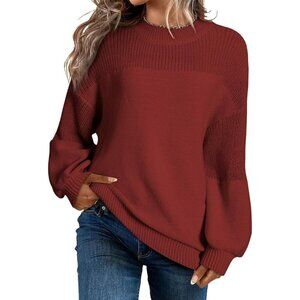 Women's Dark Red Crewneck Long Sleeve Jumper Sweaters Tops Loose Knit Pullover